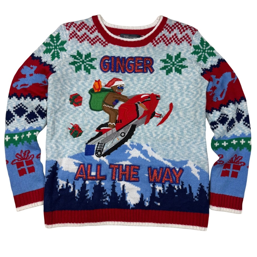 33 Degrees Gingerbread Man Snowmobile Ugly Christmas Sweater Kids L 14‎ 16 Gift